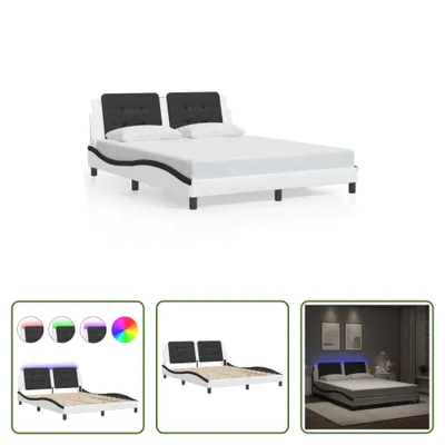 Produktbild von The Living Store Bettgestell mit LED Weiß und Schwarz 160x200 cm Kunstleder
