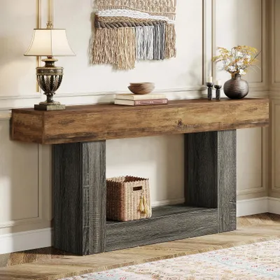 Produktbild von Konsolentisch 160 cm - Schmaler Flurtisch / Sofatisch - 2 Ebenen - Rechteckige Holzplatte - U-förmiges Metallgestell - Landhausstil - Braun Schwarz