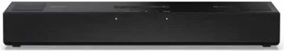 A front view of a black soundbar on a white background.