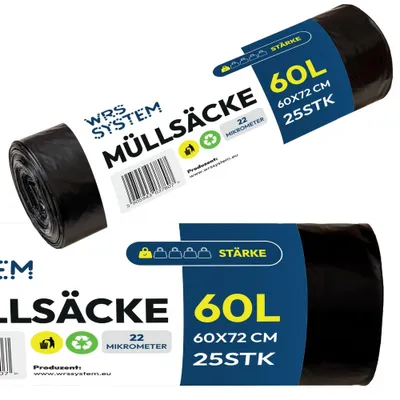 Zdjęcie produktu dla WRS System Uniwersalne worki na śmieci 60 l 25 szt. Worki na śmieci o dużej wytrzymałości – czarne – uniwersalne worki na śmieci do pojemników na odpady