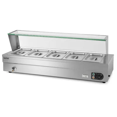 Image de VERTES Réchauffeur de plats, réchauffeur de buffet, bac de conservation pour aliments, électrique, 1500 W, en acier inoxydable (avec 5 bacs GN 1/2 avec couvercle, 10 L, robinet de vidange)
