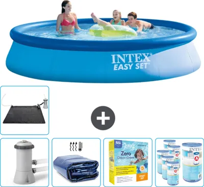 Produktbild von Intex runder aufblasbarer Easy Set-Schwimmpool – 396 x 84 cm – Blau – inklusive Pumpe Sonnensegel - Wartungspaket - Filter - Solarmatte