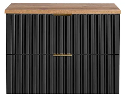 Immagine prodotto di Insieme mobile sottolavabo NOXERA 80 cm – Nero opaco e rovere – 2 cassetti + 2 nicchie + piano per lavabo