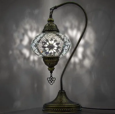 Immagine prodotto di Mozaiek Lampada da tavolo a collo di cigno Lampada da notte artigianale - Illuminazione decorativa turca orientale, marocchina Bianca