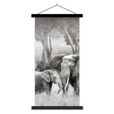 Produktbild von MuchoWow® Textilposter Elefant - Tiere - Natur - Schwarz und weiß 60x120 cm mit schwarzem Rahmen - Magnete