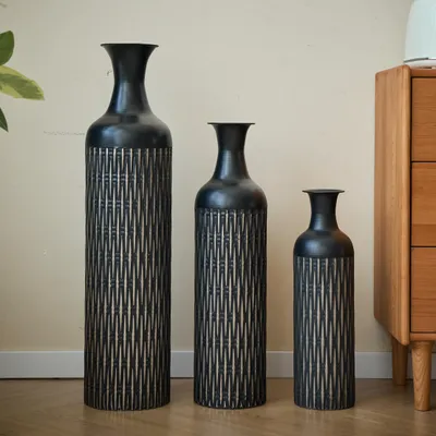 Image de okwish Ensemble 3 vases vintage, pots hauts avec finition mate pour salon et chambre, noir