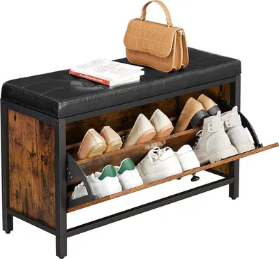 Produktbild von VASAGLE Schuhbank, Sitzbank mit Klappe Schuhschrank Schuhregal gepolsterter Schuhorganizer, 80 x 30 x 51 cm, Schuhschrank für 6 Paar Schuhe, Stahlgestell, Industrie-Design, vintagebraun-schwarz LSB049B01