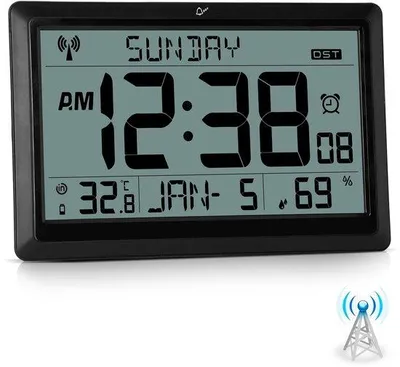Zdjęcie produktu dla Cyfrowy zegar ścienny z ekranem LCD 10,6", sterowany radiowo, z wyświetlaczem temperatury, wilgotności, daty, godziny, budzikiem i funkcją czasu letniego – do salonu, kuchni i biura