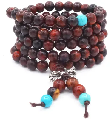 Imagen del producto de Guirnalda de oración de madera de rosa, 6 mm de grosor, 108 cuentas, con detalles en azul, para meditación