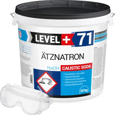 Produktbild von Ätznatron Entfetter Rohrreiniger Perlen Caustic Soda Eimer 20kg Seifenindustrie + Schutzbrille Arbeitsschutz Set RM71