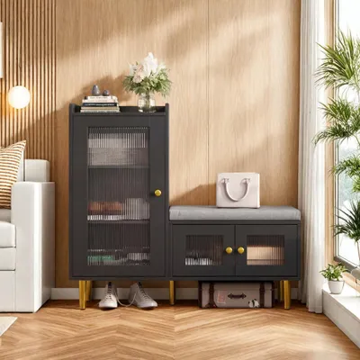 Produktbild von REMZETTA Schuhbank mit Sitzkissen und Schuhschrank, Schwarz, 3 Türen mit geriffeltem Glas, verstellbaren Fächern und Kippschutz für Flur und Diele