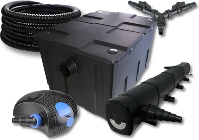 Obrázek produktu pro SunSun kompletní sada: CBF-550 jezírkový filtr do 60000 l jezírkový filtrační systém s kontinuálním průtokem, CTF-12000 jezírkové čerpadlo 12000 l/h 100 W, CUV-272 jezírkový projasňovač UVC projasňovač s 72 W, 25 m jezírková hadice 25 mm, Y-rozdělovač