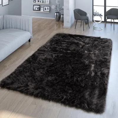 Produktbild von TT Home Wohnzimmer Hochflor Teppich Kunst-Fell Design Versch. Formen Unifarben, Schwarz Größe 30 cm Rund