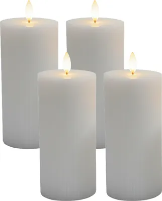 Produktbild von Relaxdays LED Kerzen, 4er Set, HxD: 18 x 7,5 cm, flackernde Flamme, Echtwachs, Rillen, flammenlose Blockkerzen, hellgrau
