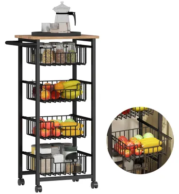 Obrázek produktu pro Mobilní vozík do kuchyně – servírovací vozík se 4 zásuvkami – dřevěná konstrukce – 49,5 x 31 x 91 cm – buk