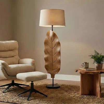 Produktbild von riess-ambiente Stehlampe LEAF 130cm natur weiß massives Teakholz Blatt-Design mit Stoffschirm