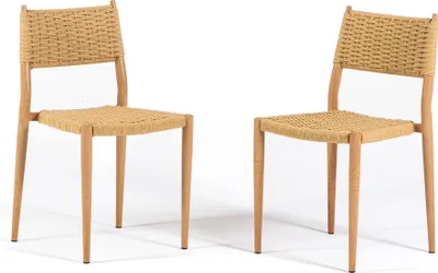 Image de Set de 2 chaises en corde tressée à la main avec structure métallique imitation bois, design élégant et naturel pour la cuisine, la salle à manger et les espaces extérieurs protégés - GABRIELLA
