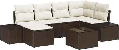 Image de Ensemble de salon de jardin vidaXL, 6 pièces, marron et crème, en polyrotin