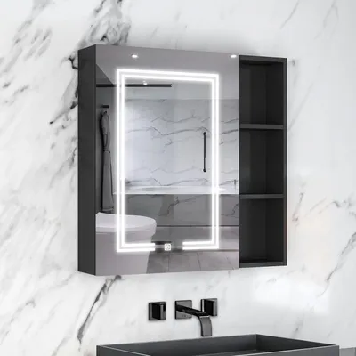Produktbild von AICA LED Spiegelschrank mit Seiteschrank und Steckdose 80x70cm ,Touch/Wandschalter, 3 Lichtfarbe dimmbar , Anti-Beschlag , Hochglanz Schwarz