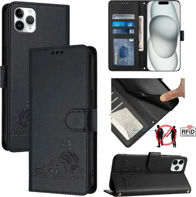 Produktbild von Leder Hülle für iPhone 11 Pro Max Süße Katze Flip Case Brieftasche Schutzhülle mit Standfunktion Schwarz