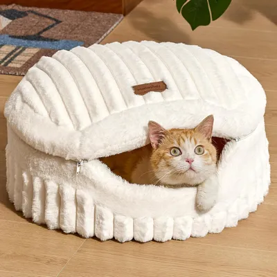 Productafbeelding van Kattenbed - 2-in-1 iglo - ronde kattenmand - 49 cm - voor kleine katten - crème