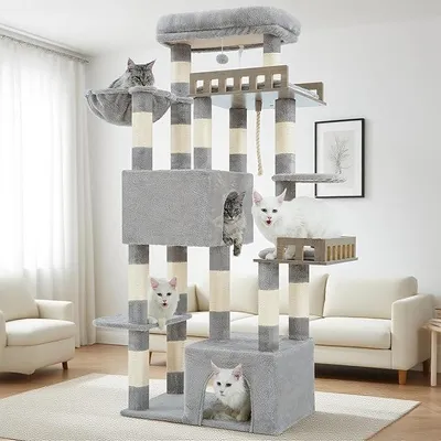 Obrázek produktu pro Velký kočičí strom, určený pro dospělé kočky, výška 174 cm. Obsahuje: houpací síť, 2 velké odpočívací plošiny, 2 pelíšky, 15 škrabadel, barva světle šedá (GCT033W)