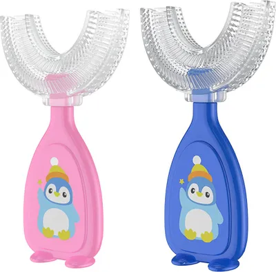 Produktbild von Kinder U-förmige Zahnbürste Silikonbürstenkopf, Mundzahnreinigungszahnbürste Für Kinde Bürste Kopf Silikon Weiche Zähne Reinigung Pinsel(Rosa+Blau)