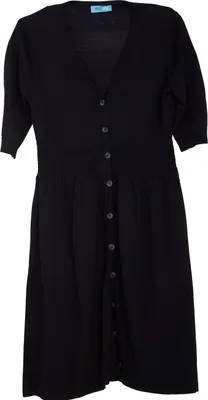 Produktbild von Schwarzes tailliertes Kleid mit V-Ausschnitt, durchgehender Knopfleiste und Ballonärmeln