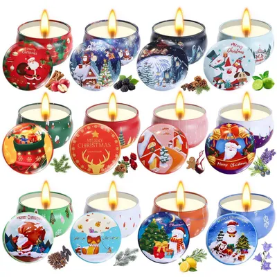 Immagine prodotto di Set regalo di candele profumate per Natale, 12 pezzi, realizzate con cera di soia e disponibili in 12 profumi diversi