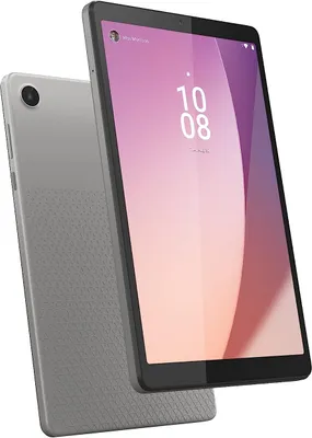 A gray Lenovo tablet is shown at an angle, with its screen displaying the time and a gradient background.
