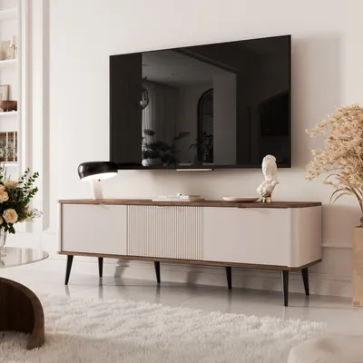 Produktbild von NAVANI TV-Lowboard 160 cm mit geriffelter Front Soft-Close-System Fernsehschrank Wohnzimmer TV-Schrank Medienmöbel modern & elegant Kaschmir + Nussbaum