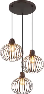 A triple pendant light fixture with a dark brown finish.