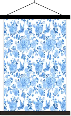 Produktbild von MuchoWow® Textilposter Blumen - Muster - Blau 120x180 cm mit schwarzem Rahmen - Fotos