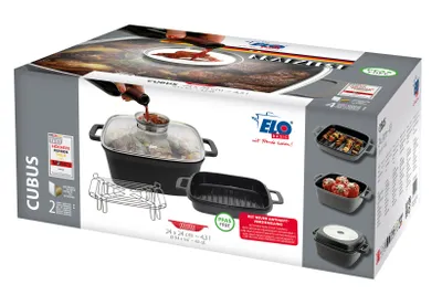Obrázok produktu pre ELO Basic Cubus multifunkčný hrniec z liateho hliníka, štvorcový, s aromatickým gombíkom, indukčný, čierny, 4-dielny