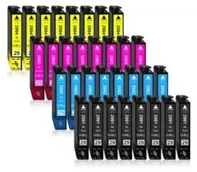 A collection of printer ink cartridges arranged in rows.