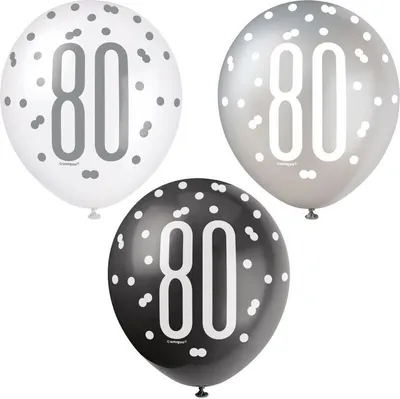 Produktbild von 6 Luftballons schwarz & silber Zahl 80