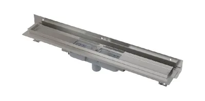 Obrázek produktu pro Alcadrain APZ1104 Flexibilní nízký sprchový žlábek s okrajem pro perforovaný rošt a s nastavitelným límcem na stěnu, svislý odtok 1050 mm