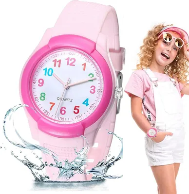 Produktbild von Analoge Kinderuhr für Mädchen und Jungen, wasserdicht, Lernuhr mit leicht ablesbarer Uhrzeit,Pink
