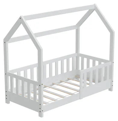 Produktbild von HAGO24 Kinderbett 70x140cm Weiß Hausbett Dach Rausfallschutz Massivholz Kiefer Spielbett Lattenrost Bodentief Montessori