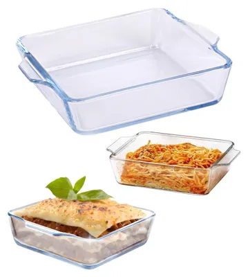 Image de Plat à gratin en verre borosilicaté, 0,8L, transparent. Convient pour le micro-ondes, le four, le réfrigérateur et le lave-vaisselle. Dimensions : 19,5 x 16,5 x 4,6 cm