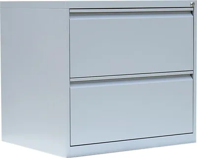 A light gray metal filing cabinet with two drawers.