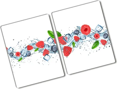 Produktbild von Tulup Glas Herdabdeckplatte - 2x40x52 cm - Glaskeramikkochfeld-Abdeckung Spritzschutz Glasabdeckplatte Kochplattenabdeckung und Schneidebrett - Zweiteilig - Essen & Getränke - Waldfrüchte mit Eis - Rot