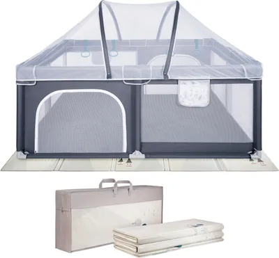 Produktbild von ONVAYA® Laufgitter mit faltbarer Spielmatte und Insektenschutznetz | Laufstall für Babys 120 x 160 cm | Schutzgitter für Kinder | Rechteckiges Krabbelgitter | Absperrgitter | Babyzaun