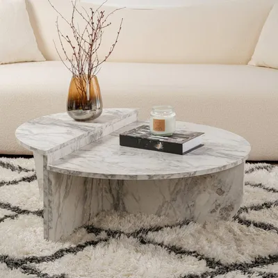 Image de Mansue - Table de Salon, 90x60x35h cm Blanc Marbre, Forme Rectangulaire
