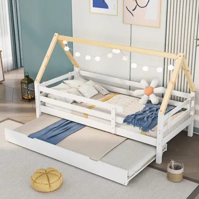Produktbild von STILVORA Kinderbett 90x200 mit Ausziehbett 90x190, Baumhausbett, Schiebebett mit Rollen unten, Massivholz, weiß