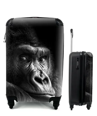 Produktbild von MuchoWow® Koffer Handgepäck Trolley Rollkoffer Kleine Reisekoffer mit 4 Rollen - Gorilla - Affe - Schwarz - Weiß - Porträt - Cabin Size < 55x40x23 cm & 55x40x20 cm - Fotokoffer - Kabinenkoffer - Boardgepäck - Reise-Box - Reisekoffer - Reisegepäck - Koffer mit Bild - Trolley für Kinder