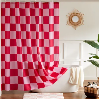 Produktbild von Duschvorhang Rosafarben 1 Stück, Karierter Schachbrettmuster Duschvorhang, Vintage-Retro-Stil Für Badezimmer
