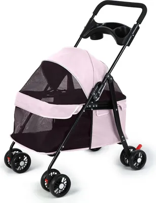 Immagine prodotto di Carrello per animali domestici - Passeggino per cani e gatti - 4 ruote - Pieghevole - Rete traspirante - Portabevande - Per esterni - Rosa