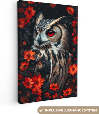 Produktbild von Leinwandbilder 40x60 cm - Tiere, Blumen - Eule, Bilder Wohnzimmer Modern, Wanddeko
