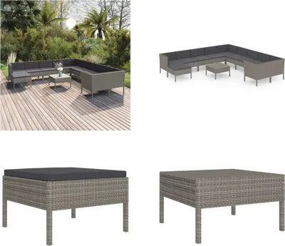 Produktbild von vidaXL 12 tlg. Garten Lounge Set mit Auflagen Poly Rattan Grau - Garten-Sofagarnitur - Garten-Sofagarnituren - Gartensofa-Set - Gartensofa-Sets